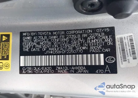 2015 Lexus Ct 200H z USA, uszkodzony, nr VIN JTHKD5BH2F2250770